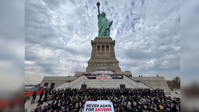 Protesters occupy the Statue of Liberty