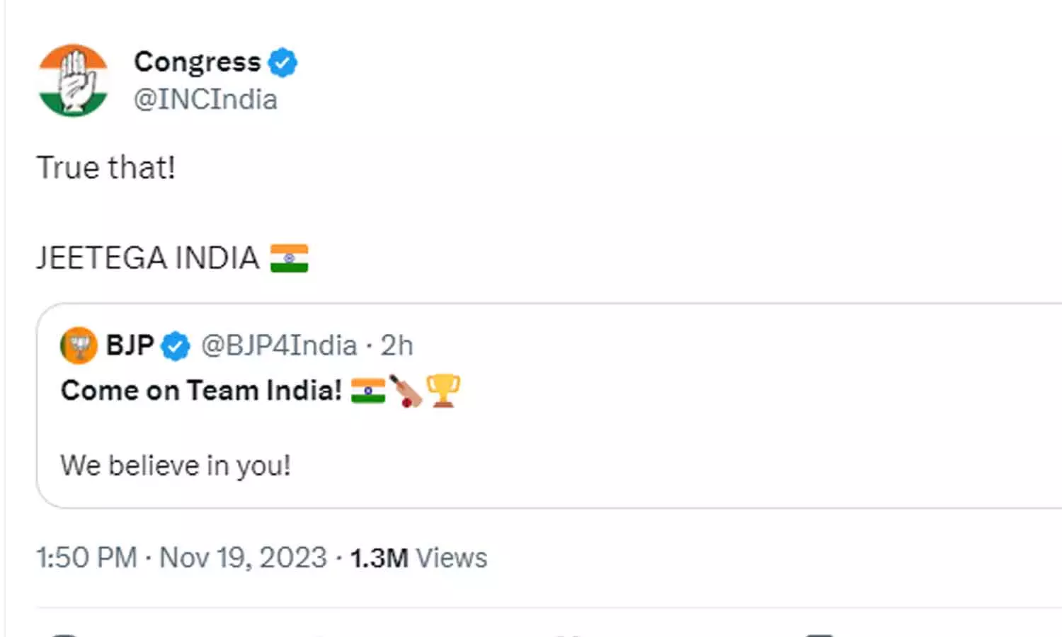 Congress retweeted BJPs Team India tweet