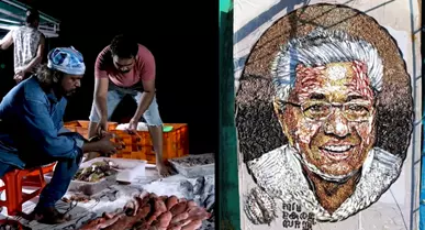 Davinchi Suresh made portrait of Pinarayi vijayan with fish Davinchi Suresh made portrait of Pinarayi vijayan with fish