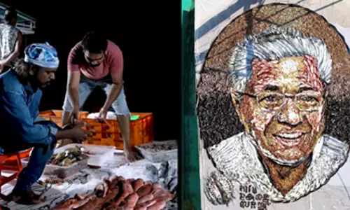 Davinchi Suresh made portrait of Pinarayi vijayan with fish