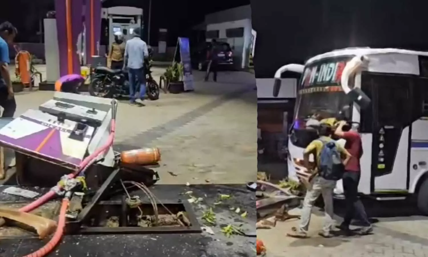 Tourist bus goes out of control and crashes into a petrol pump in Koolimad, Tourist bus crashes into petrol pump in Kozhikode Tourist bus goes out of control and crashes into a petrol pump in Koolimad, Tourist bus crashes into petrol pump in Kozhikode