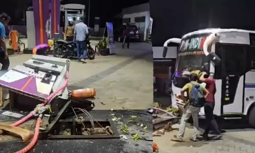Tourist bus goes out of control and crashes into a petrol pump in Koolimad, Tourist bus crashes into petrol pump in Kozhikode