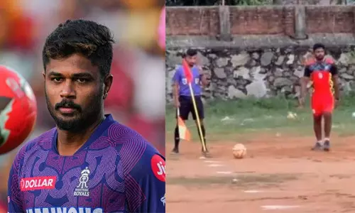 ക്രിക്കറ്റ് മാത്രമല്ല, സഞ്ജുവിന് ഫുട്‌ബോളും വഴങ്ങും; ചുവപ്പും കറുപ്പും ജെഴ്‌സിയിൽ തിളങ്ങി മലയാളി താരം