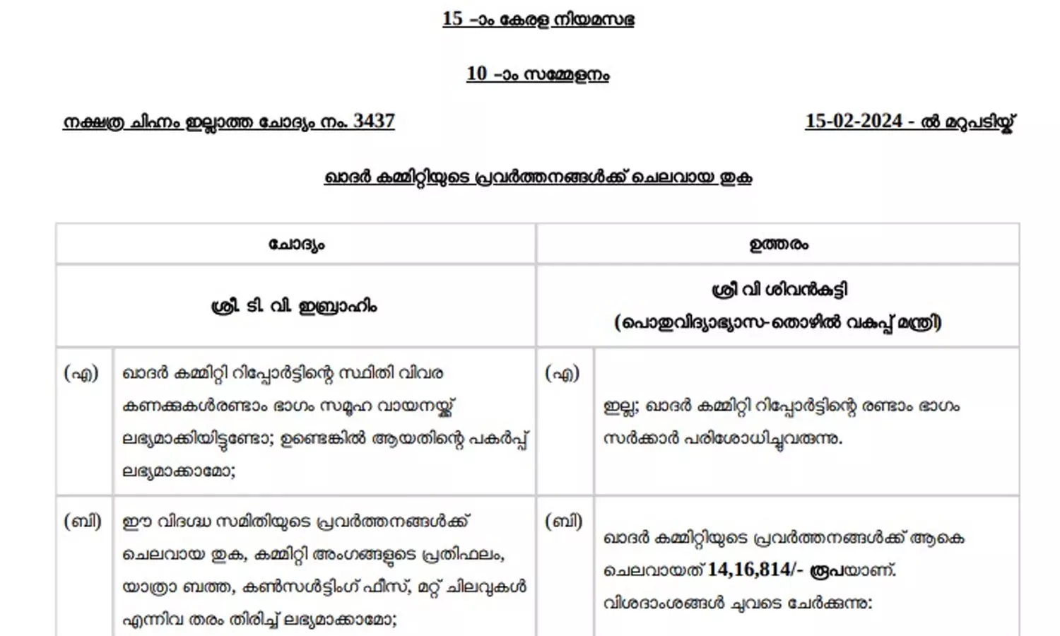 ഒന്നാം ഖാദര്‍ കമ്മിറ്റി റിപ്പോര്‍ട്ട്: ഡി.ടി.പിക്ക് ചെലവായത് 4.17 ലക്ഷം രൂപ