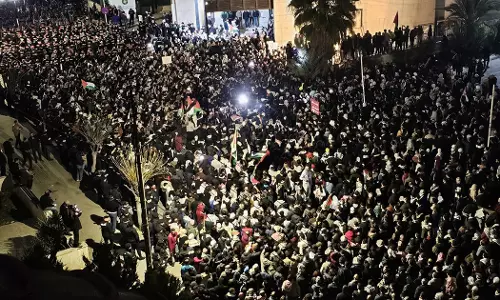 Thousands protest in Amman, the capital of Jordan, demanding the closure of the Israeli embassy.