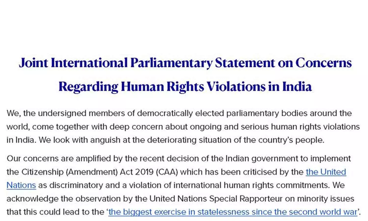 സി.എ.എ നടപ്പാക്കാനുള്ള തീരുമാനം ആശങ്കാജനകം; ഇന്ത്യയിലെ മനുഷ്യാവകാശ ലംഘനങ്ങളിൽ ഉത്കണ്ഠ രേഖപ്പെടുത്തി വിദേശ എം.പിമാർ സി.എ.എ നടപ്പാക്കാനുള്ള തീരുമാനം ആശങ്കാജനകം; ഇന്ത്യയിലെ മനുഷ്യാവകാശ ലംഘനങ്ങളിൽ ഉത്കണ്ഠ രേഖപ്പെടുത്തി വിദേശ എം.പിമാർ