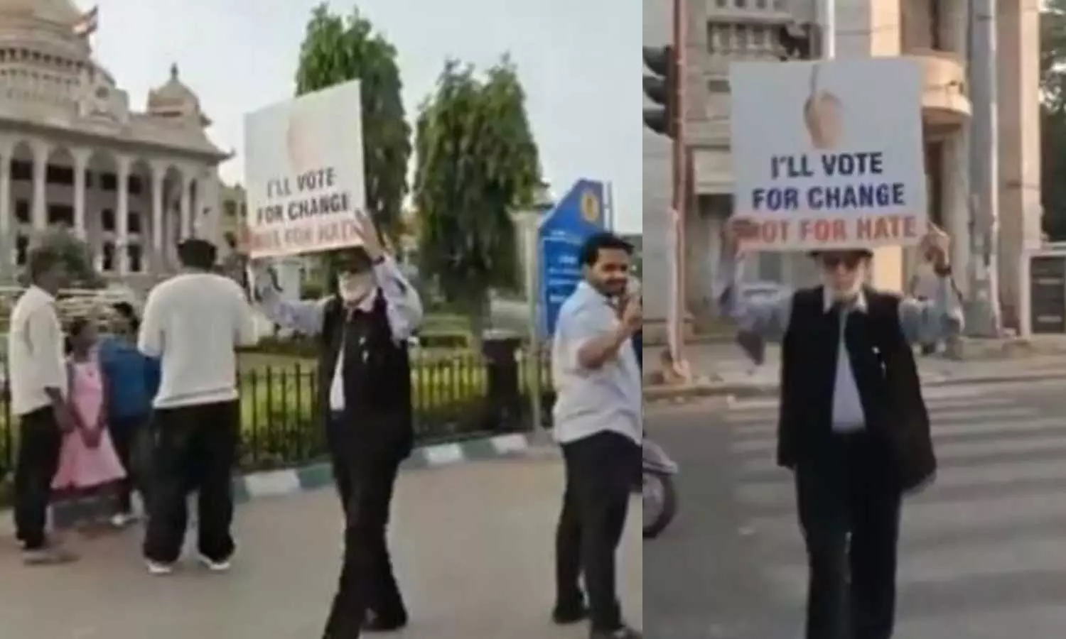‘Petrol Uncle’ walks with placard to ‘vote for change, not for hate’ in Bengaluru, Elections 2024, Lok Sabha 2024, petrol uncle election campaign