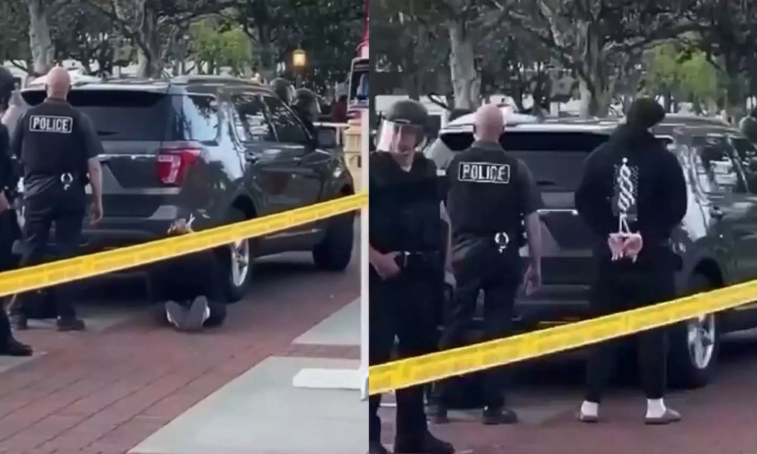 Student performs his prayer while handcuffed, after the American police arrested him from the anti-Israel student protests at the University of Southern California, Israel attack on Gaza, Anti Israel students protest in US Student performs his prayer while handcuffed, after the American police arrested him from the anti-Israel student protests at the University of Southern California, Israel attack on Gaza, Anti Israel students protest in US
