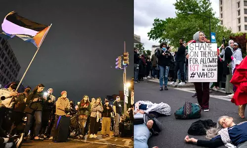 നിങ്ങളെ ഓർത്ത് ലജ്ജിക്കുന്നു; വൈറ്റ്ഹൗസ് ലേഖകരുടെ അത്താഴ വിരുന്നിനിടെയും പ്രതിഷേധം, ഫലസ്തീൻ പതാക ഉയർത്തി