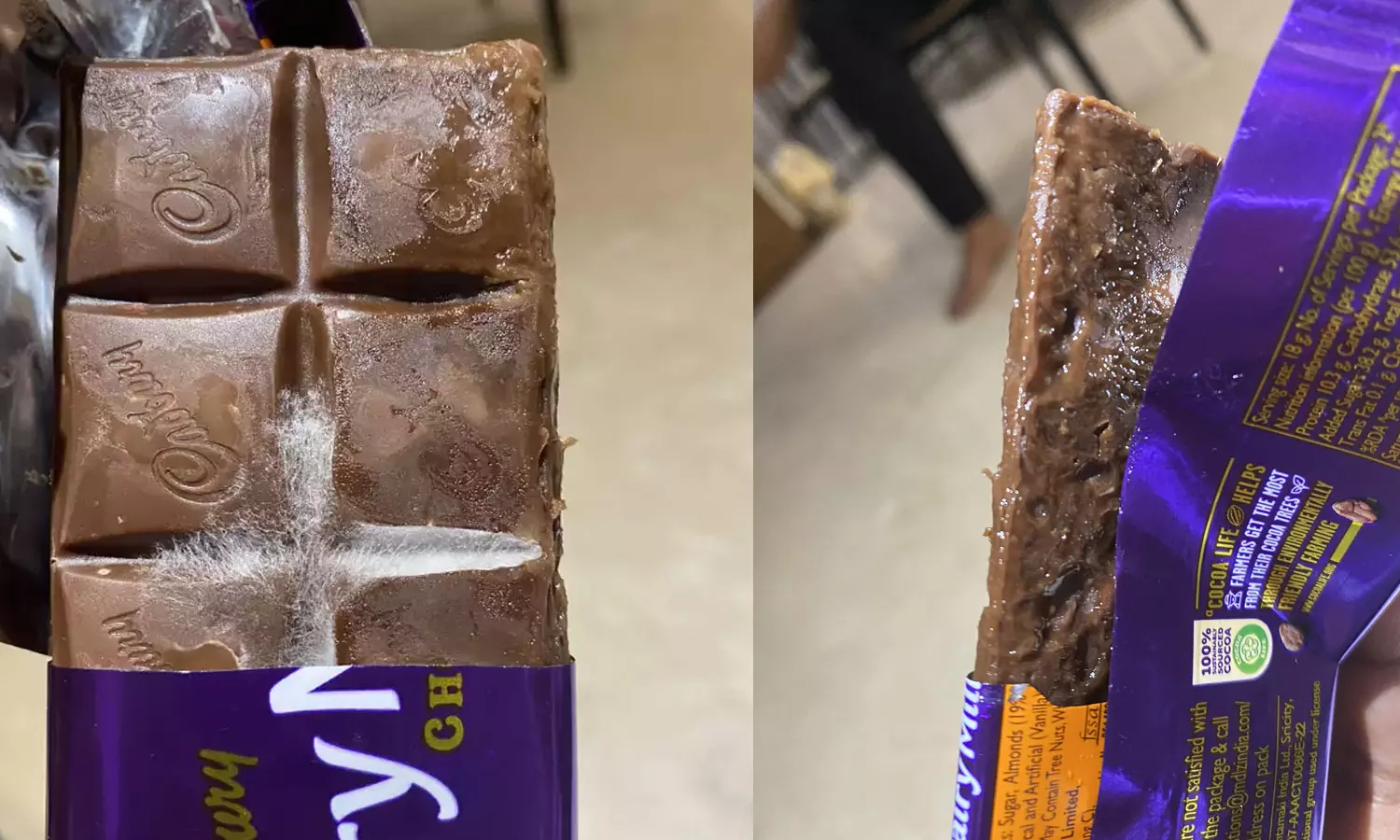 Cadbury chocolate,Hyderabad ,fungus on Cadbury chocolate,Viral Video,കാഡ്ബറി ചോക്ളേറ്റ്,ഡയറി മില്‍ക്കില്‍ പൂപ്പല്‍,ചോക്ളറ്റില്‍ പുഴു,ഡയറി മില്‍ക്ക്