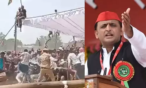 അണപൊട്ടി ആവേശം,സുരക്ഷാ വലയം ഭേദിച്ച് പ്രവർത്തകർ തള്ളിക്കയറി; അഖിലേഷ് യാദവിന്റെ റാലിയിൽ സംഘർഷം