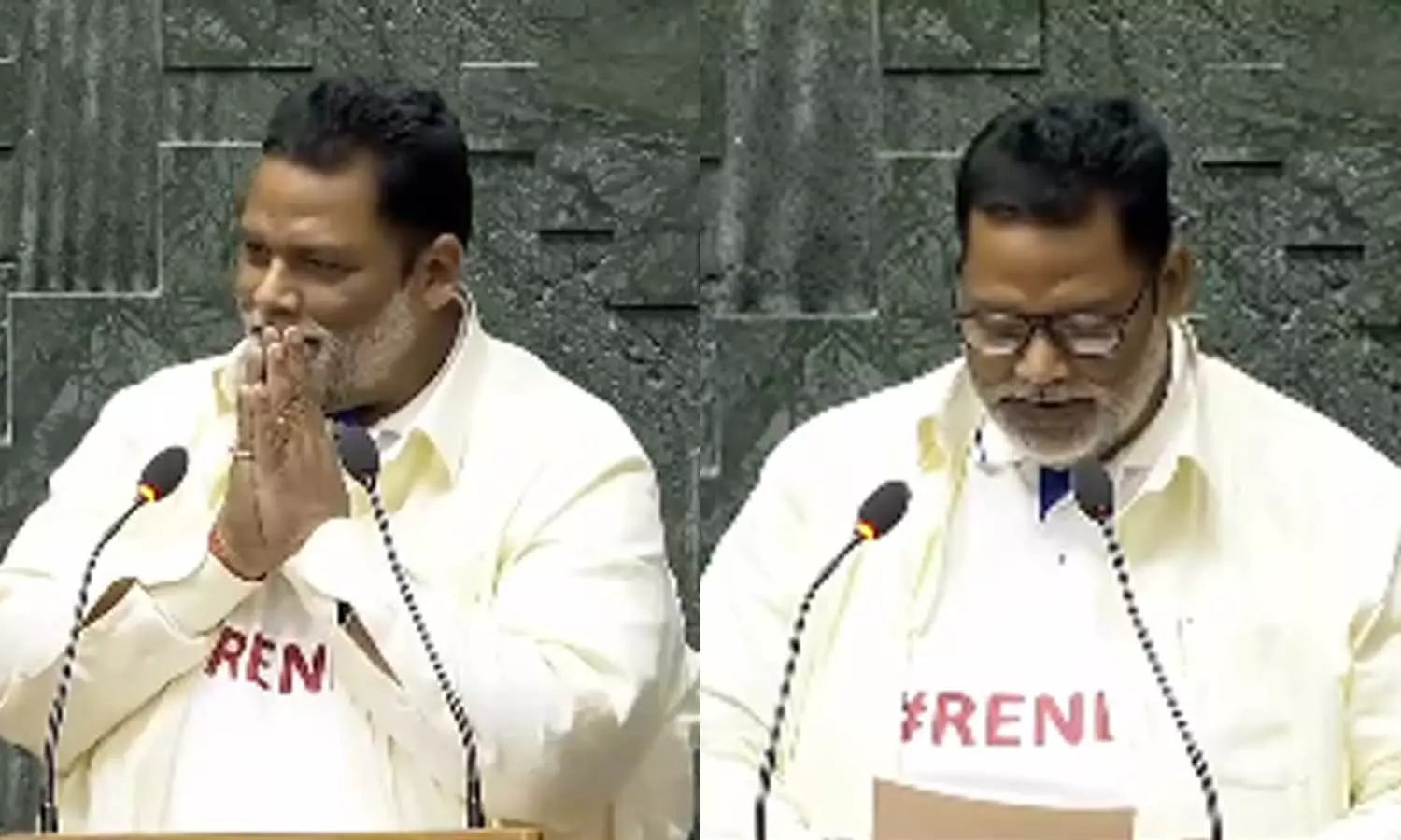 Independent MP Pappu Yadav wears a t-shirt with the words ReNEET on he takes oath