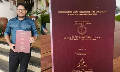 വിദ്യാർഥികളിലെ ലഹരി ഉപയോഗം: ഒരു സാമൂഹിക ഇടപെടൽ പഠനം; പ്രബന്ധം സമർപ്പിച്ച് ഗവേഷക വിദ്യാർഥി.