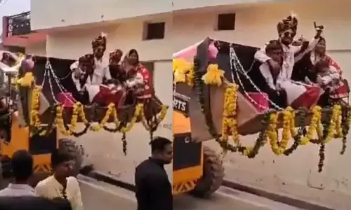Fan of UP CM Yogi Adityanath, leads his wedding procession on a bulldozer, resembling bulldozer raj