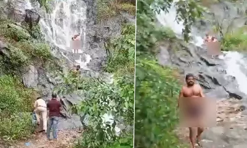 Karnataka Police punish waterfall-bathing tourists by taking away their clothes, Charmadi Falls in Mudigere