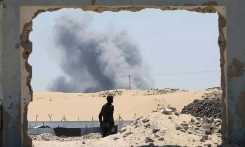Smoke rises following Israeli strikes in Khan Younis, in the southern Gaza Strip