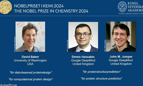 നിര്‍മിത ബുദ്ധി ഉപയോഗിച്ച് പ്രോട്ടീൻ ഘടനാ പഠനം:  രസതന്ത്ര നൊബേൽ മൂന്ന് പേർക്ക്