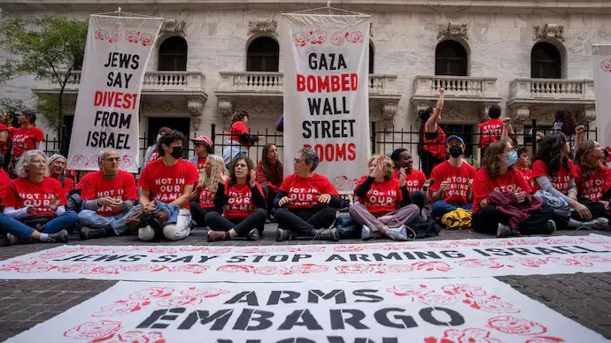 Pro-Palestinian protestors gather at the New York Stock Exchange