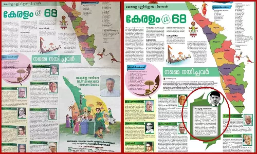 Chandrika daily excludes party leader CH Mohammed Koya from list of former chief ministers published on the Keralappiravi day