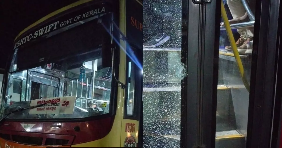 Stone pelted on KSRTC Swift bus Stone pelted on KSRTC Swift bus