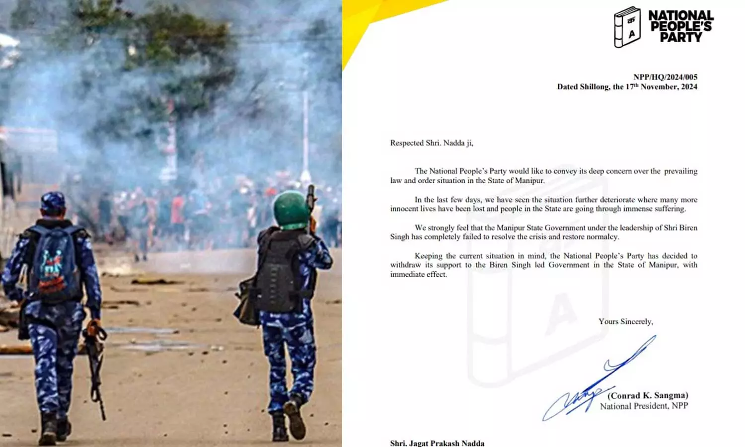 മണിപ്പൂർ സംഘർഷം നിയന്ത്രിക്കാൻ ബിജെപി സർക്കാർ പരാജയപ്പെട്ടു; പിന്തുണ പിൻവലിച്ച് എൻപിപി മണിപ്പൂർ സംഘർഷം നിയന്ത്രിക്കാൻ ബിജെപി സർക്കാർ പരാജയപ്പെട്ടു; പിന്തുണ പിൻവലിച്ച് എൻപിപി