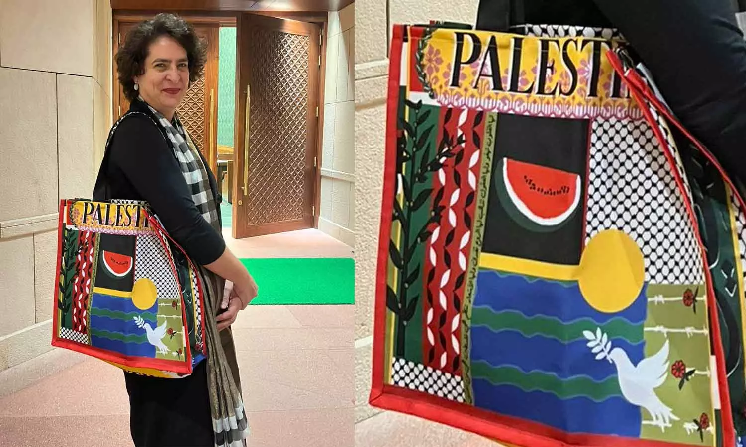 ഫലസ്തീൻ ബാഗുമായി പ്രിയങ്കാ ഗാന്ധി ലോക്സഭയിൽ