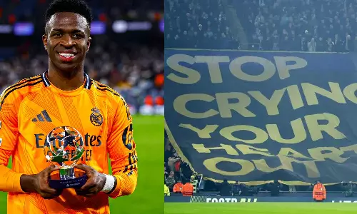 കരച്ചില്‍ നിര്‍ത്തൂ എന്ന് സിറ്റി ആരാധകര്‍; മൈതാനത്ത് വിനീഷ്യസിന്‍റെ വായടപ്പന്‍ മറുപടി