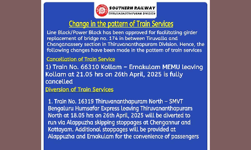 സംസ്ഥാനത്ത് നാളെ ട്രെയിൻ സർവീസിൽ മാറ്റം; കൊല്ലം-എറണാകുളം മെമു റദ്ദാക്കി സംസ്ഥാനത്ത് നാളെ ട്രെയിൻ സർവീസിൽ മാറ്റം; കൊല്ലം-എറണാകുളം മെമു റദ്ദാക്കി