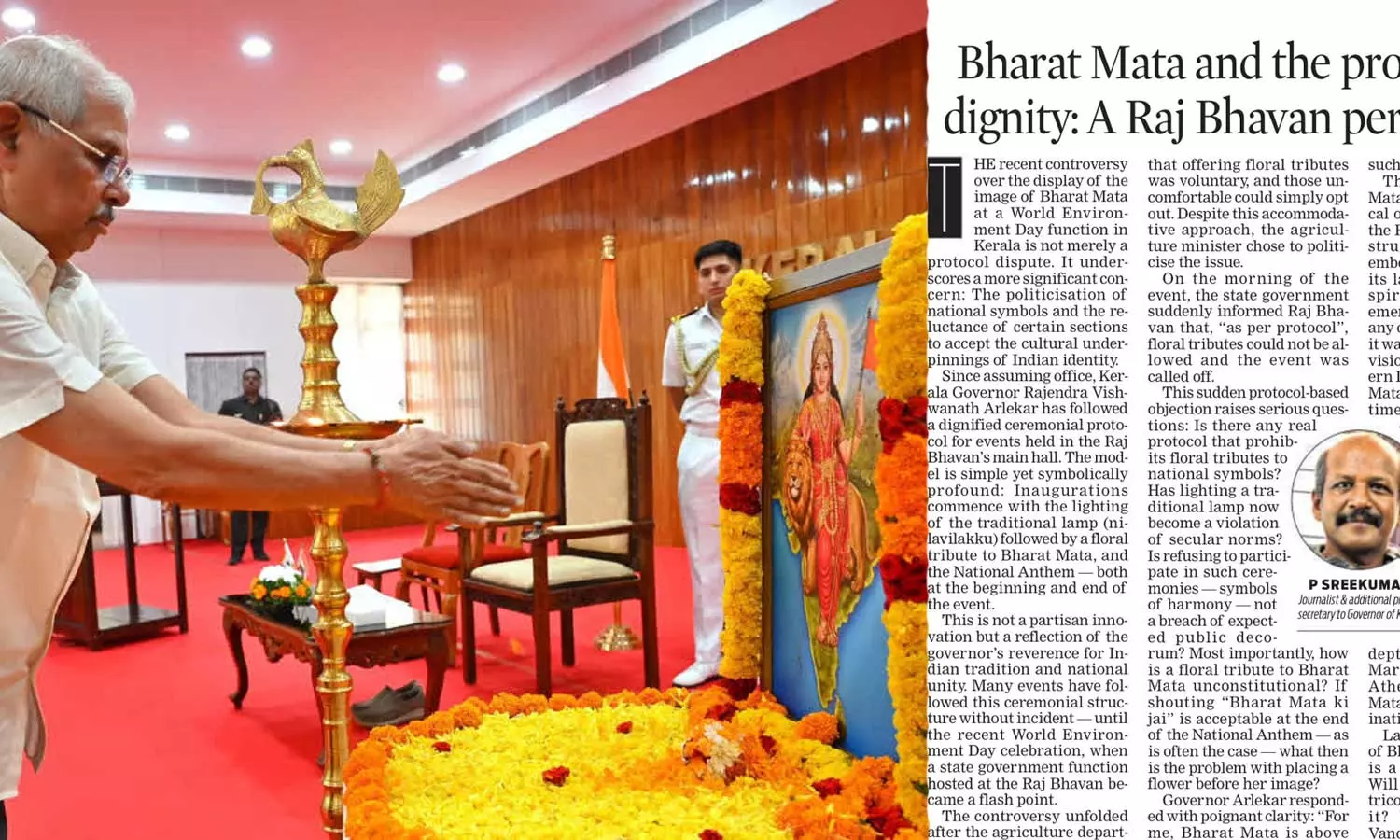 ഭാരതാംബ വിവാദത്തില്‍ കൃഷിവകുപ്പിനെ കുറ്റപ്പെടുത്തി ഗവർണറുടെ അഡീ. പ്രൈവറ്റ് സെക്രട്ടറിയുടെ ലേഖനം