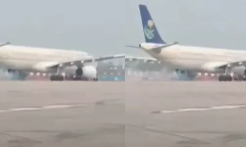 ഹജ്ജ് യാത്രികരുമായെത്തിയ വിമാനം  ലഖ്‌നൗവില്‍  ലാന്‍ഡ് ചെയ്യുന്നതിനിടെ തീയും പുകയും ഉയര്‍ന്നു