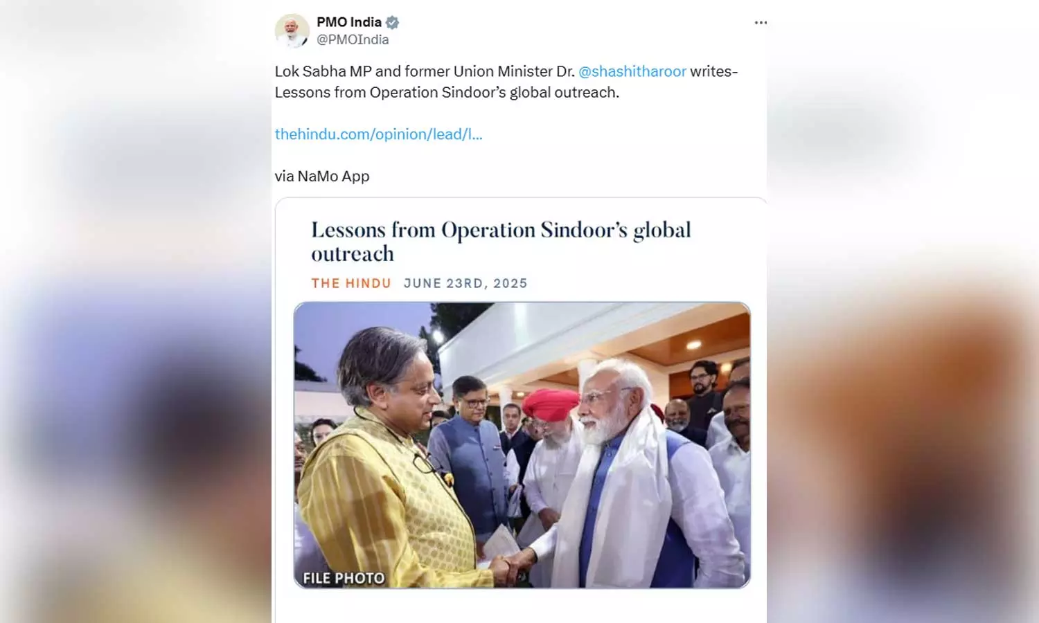 ഓപറേഷൻ സിന്ദൂരിനെക്കുറിച്ചുള്ള ശശി തരൂരിന്റെ ലേഖനം പങ്കുവെച്ച് പ്രധാനമന്ത്രിയുടെ ഓഫീസ്