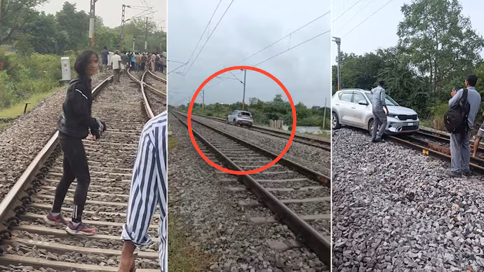 Woman drives car on Telangana railway tracks