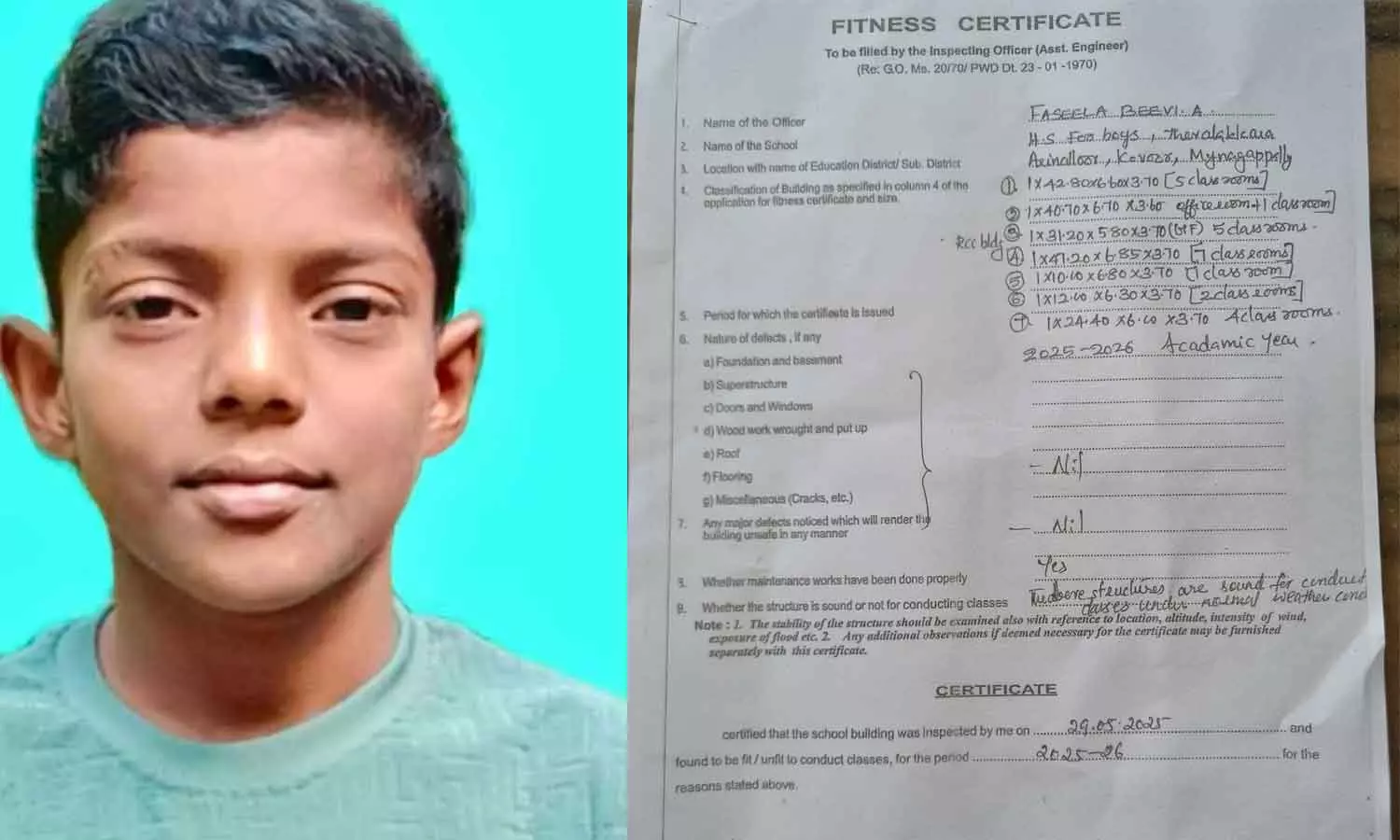 വിദ്യാർഥി ഷോക്കേറ്റ് മരിച്ച സംഭവം: തേവലക്കര സ്‌കൂളിന് കേടുപാടുകളില്ലെന്ന് ഫിറ്റ്‌നസ് സര്‍ട്ടിഫിക്കറ്റ്