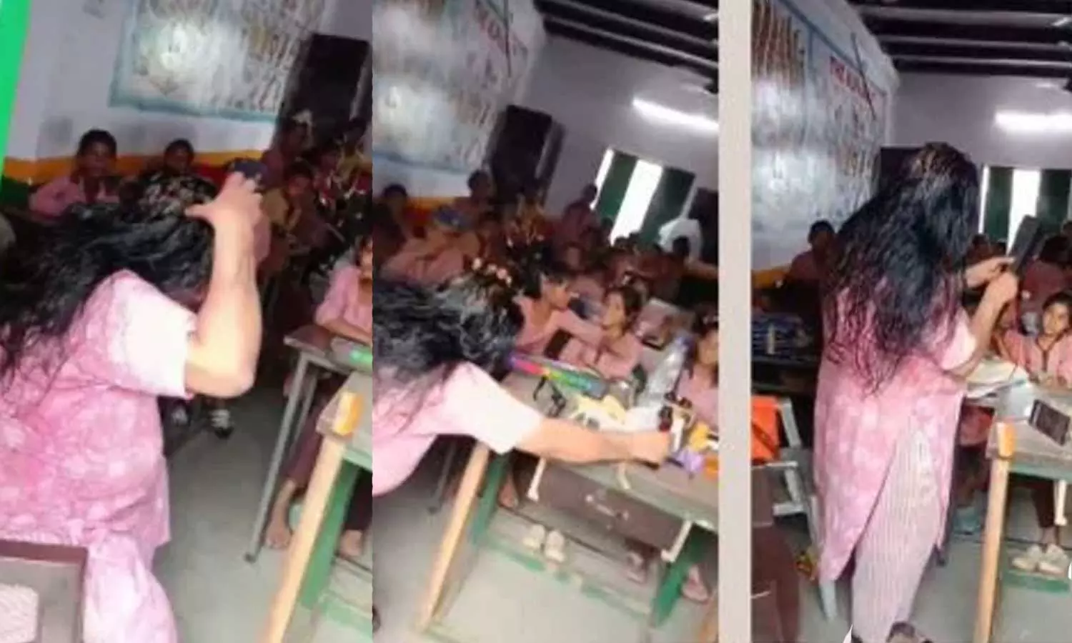 ക്ലാസ് മുറിയിൽ വെച്ച് ഫോണില്‍ പാട്ട് കേട്ട് മുടിയിൽ എണ്ണ തേച്ച് അധ്യാപിക; വിഡിയോ വൈറലായതിന് പിന്നാലെ സസ്‌പെൻഷൻ