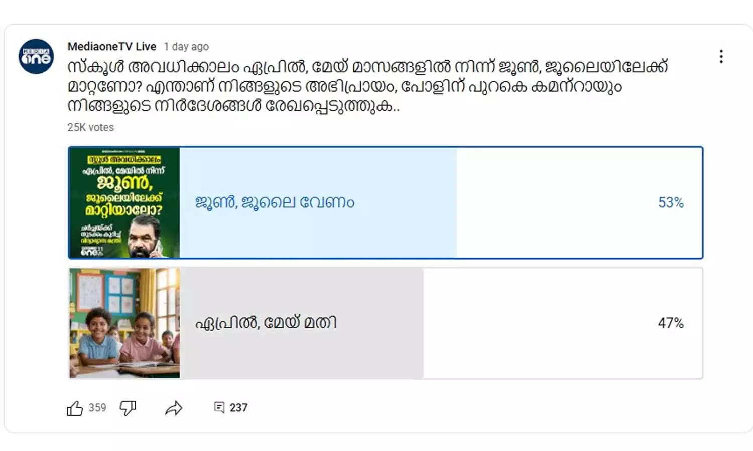 സ്കൂൾ അവധി ജൂൺ-ജൂലൈ മാസങ്ങളിൽ; മന്ത്രിയുടെ നിർദേശത്തെ പിന്തുണച്ച് 53 ശതമാനം പേർ