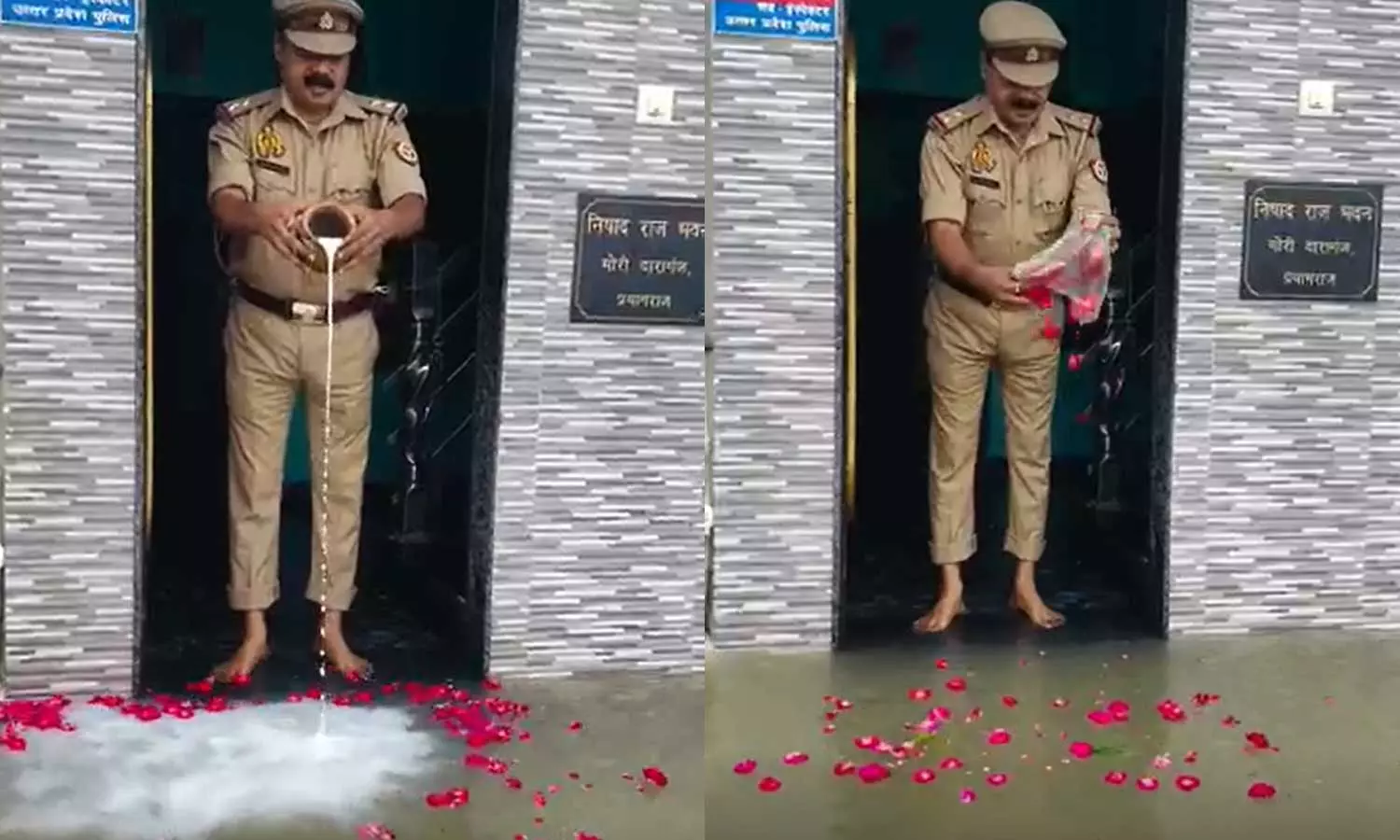 ഗംഗാ നദി വീട്ടുപടിക്കലെത്തി; പ്രളയജലത്തില്‍ പാലൊഴിച്ച് സ്‌നാനം ചെയ്ത് യുപി പൊലീസുകാരന്‍