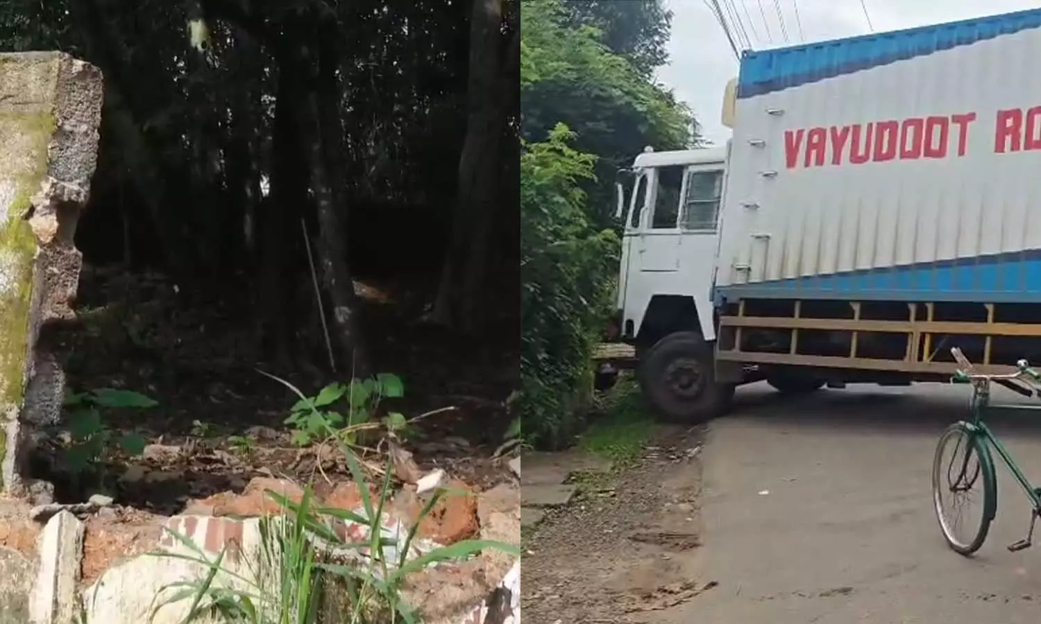ഗൂഗിൾ മാപ്പ് ചതിച്ചു: വഴിതെറ്റിയ കണ്ടെയ്നർ ലോറി ഇടറോഡിൽ കുടുങ്ങി, തിരിക്കുന്നതിനിടെ മതിലും   തകര്‍ത്തു