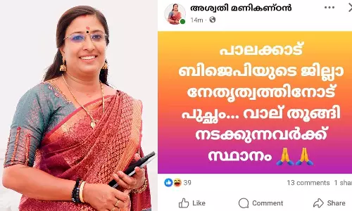 വാല് തൂങ്ങി നടക്കുന്നവർക്ക് സ്ഥാനം; പാലക്കാട് ബിജെപി ജില്ലാ നേതൃത്വത്തിനെതിരെ മഹിളാ മോര്‍ച്ച ജനറല്‍ സെക്രട്ടറി