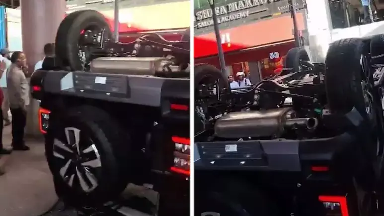 ടയറിനടിയിൽ ചെറുനാരങ്ങ വച്ച് മുന്നോട്ടെടുത്തു; പുതിയ ഥാര്‍ ഒന്നാം നിലയിൽ നിന്നും തല കീഴായി താഴേക്ക്