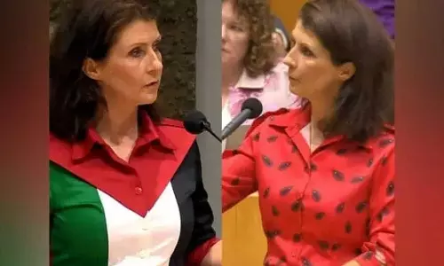 ഫലസ്തീൻ പതാക ധരിച്ചെത്തിയതിന് പാർലമെന്റിൽ നിന്നും പുറത്താക്കി; ഡച്ച് എംപി തിരിച്ചെത്തിയത് തണ്ണിമത്തൻ ടോപ്പുമായി,വീഡിയോ