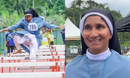 Sister Sabeena won gold in hurdles wearing the holy vestments Sister Sabeena won gold in hurdles wearing the holy vestments