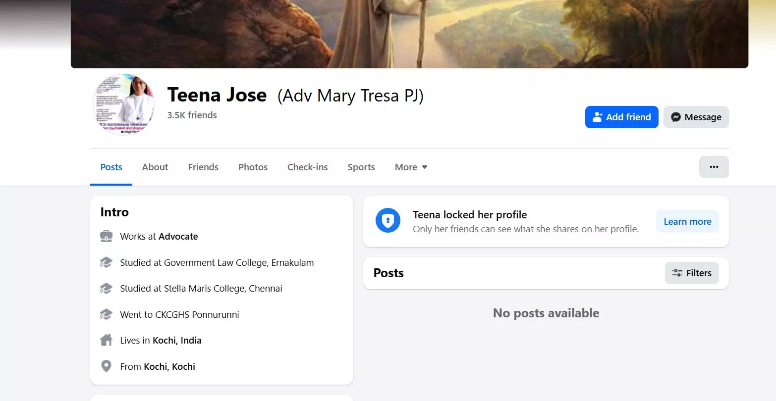 ടീന ജോസിന്റെ ഫേസ്ബുക്ക് പ്രൊഫൈല്