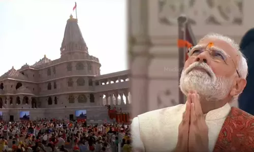 നൂറ്റാണ്ടുകൾ പഴക്കമുള്ള മുറിവുണങ്ങിയെന്ന് മോദി;   നിർമാണം പൂർത്തിയായ അയോധ്യ ക്ഷേത്രത്തിന് മുകളിൽ പതാക ഉയർത്തി