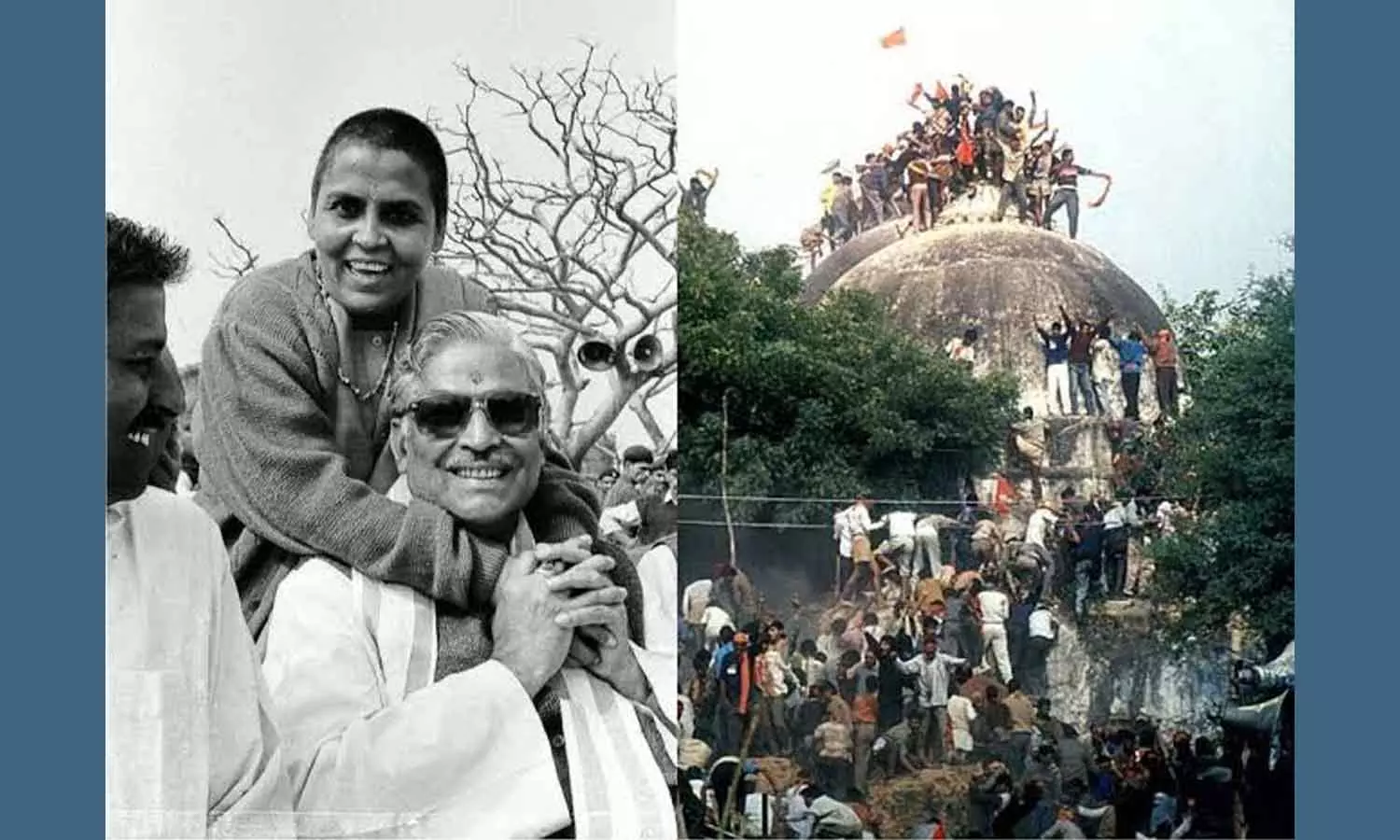 ബാബരി മസ്ജിദ് തകർക്കുമ്പോൾ ആഹ്ലാദത്താൽ മുരളി മനോഹർ ജോഷിയുടെ പുറത്ത് ചാടിക്കയറിയ ഉമാ ഭാരതി