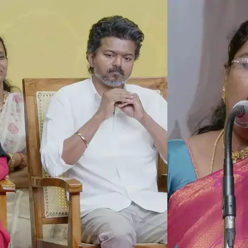 ‘വീട്ടിലുള്ള സ്ത്രീകളെ ഓർക്കണം, ബഹുമാനിക്കണം’: വിജയിയെ വേദിയിലിരുത്തി ടിവികെ വനിത നേതാവ്