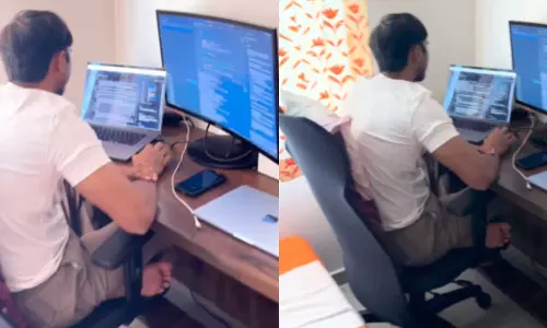 സമാധാനത്തിൽ ജോലി ചെയ്യണം; ലീവെടുത്ത് വീട്ടിലിരുന്ന് ജോലി ചെയ്ത് യുവാവ്, വിഡിയോ പങ്കുവെച്ച് ഭാര്യ