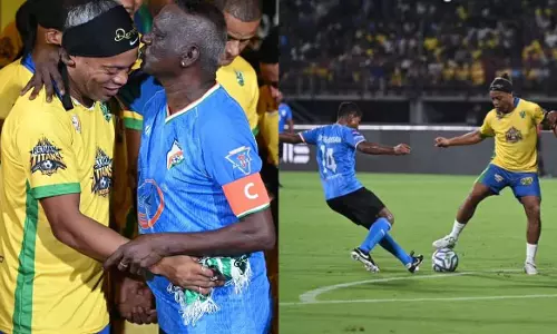 CK Vineeth scores a brace; Brazil wins 4-3 in the legends football clash. CK Vineeth scores a brace; Brazil wins 4-3 in the legends football clash.