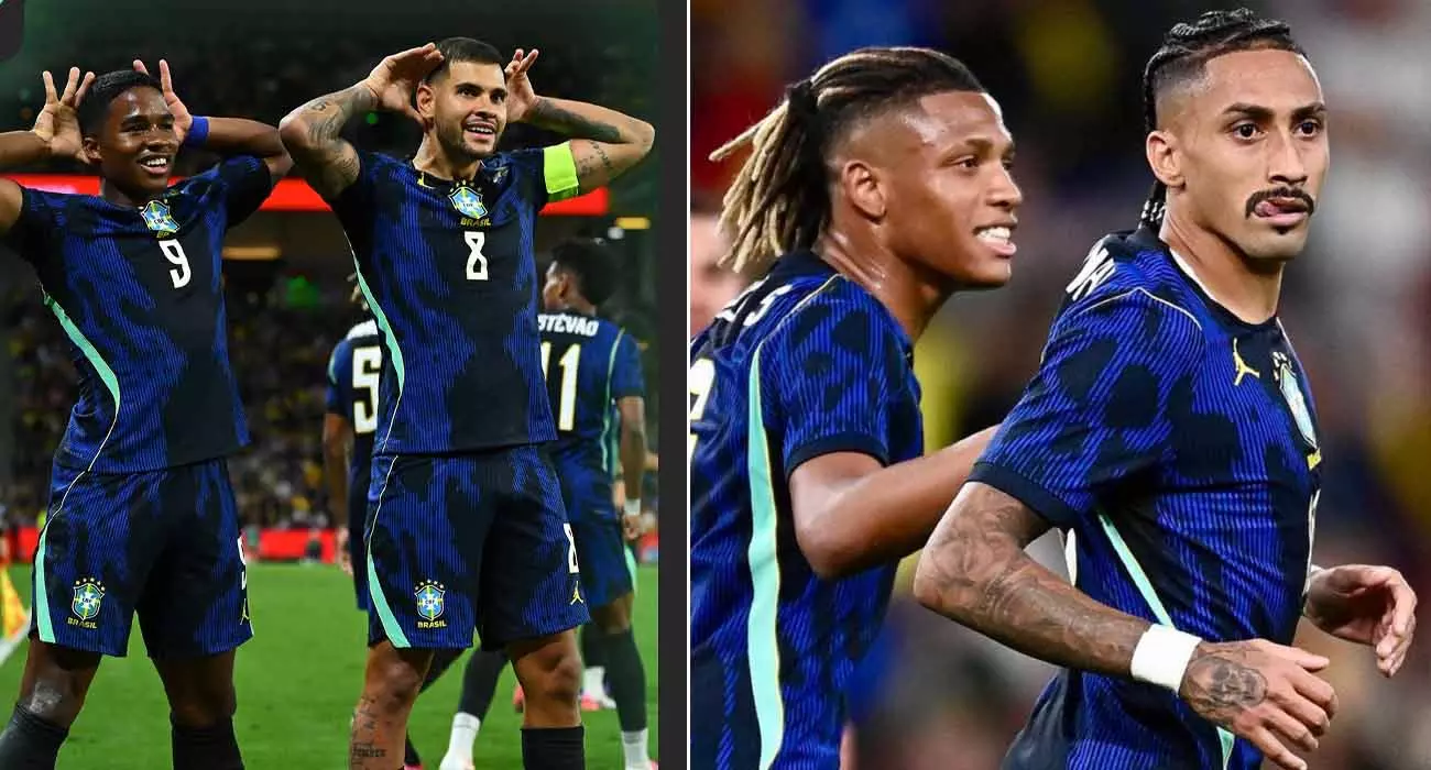 Raphinha and Vinicius score; Brazil secures a resounding victory in friendly match. Raphinha and Vinicius score; Brazil secures a resounding victory in friendly match.