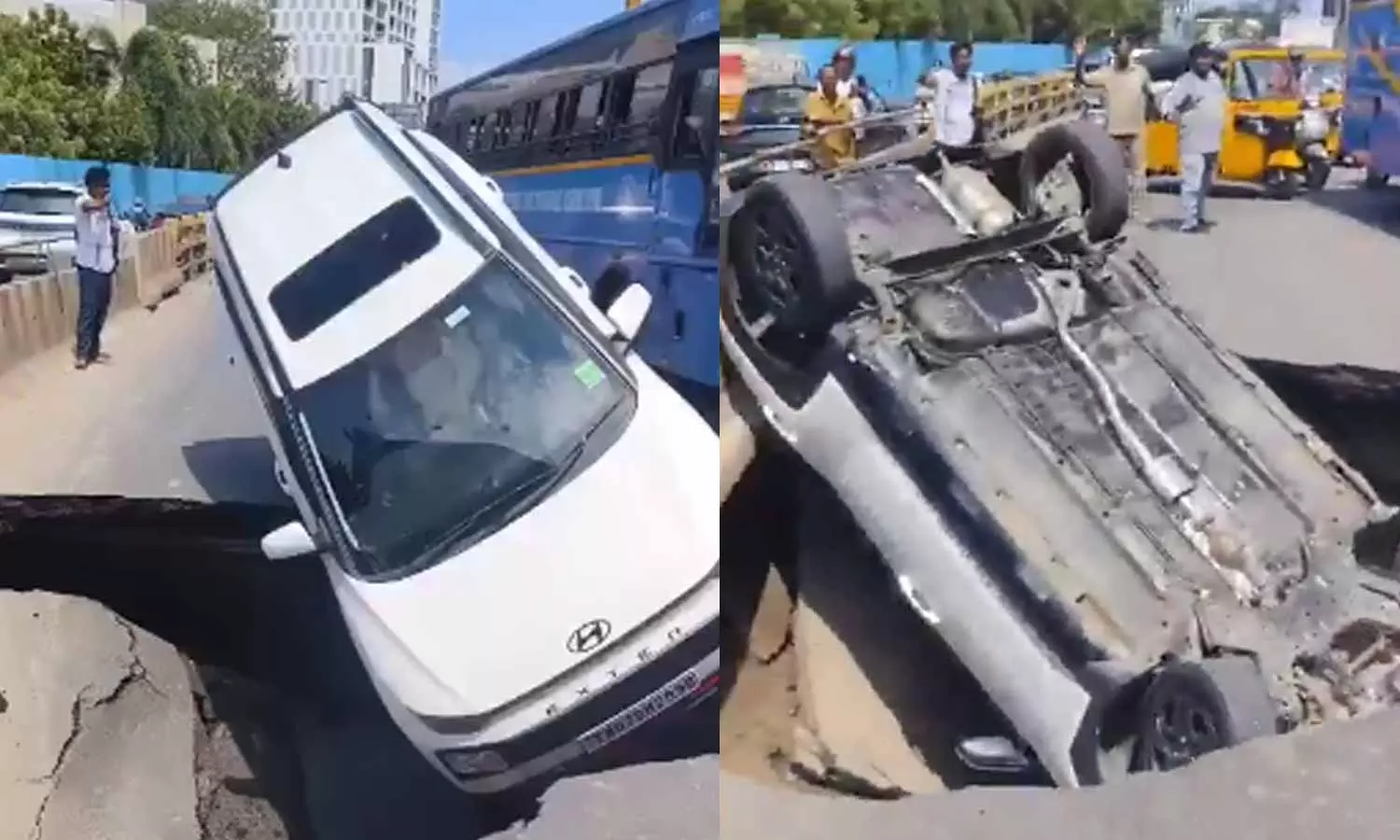 Car topples into sinkhole as road caves in Chennai OMR Car topples into sinkhole as road caves in Chennai OMR