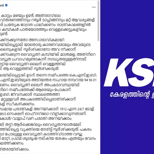 അതിശക്തമായ മഴ: അപകടാവസ്ഥയിൽ കാണുന്ന വൈദ്യുതി ലൈനുകളിൽ സ്പർശിക്കരുത്; ജാഗ്രതാ നിർദേശവുമായി കെഎസ്ഇബി
